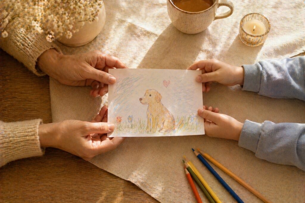 Mains d'un adulte et d'un enfant tenant ensemble un dessin d'enfant représentant un chien doré, crayons de couleur posés sur la table, bougie allumée