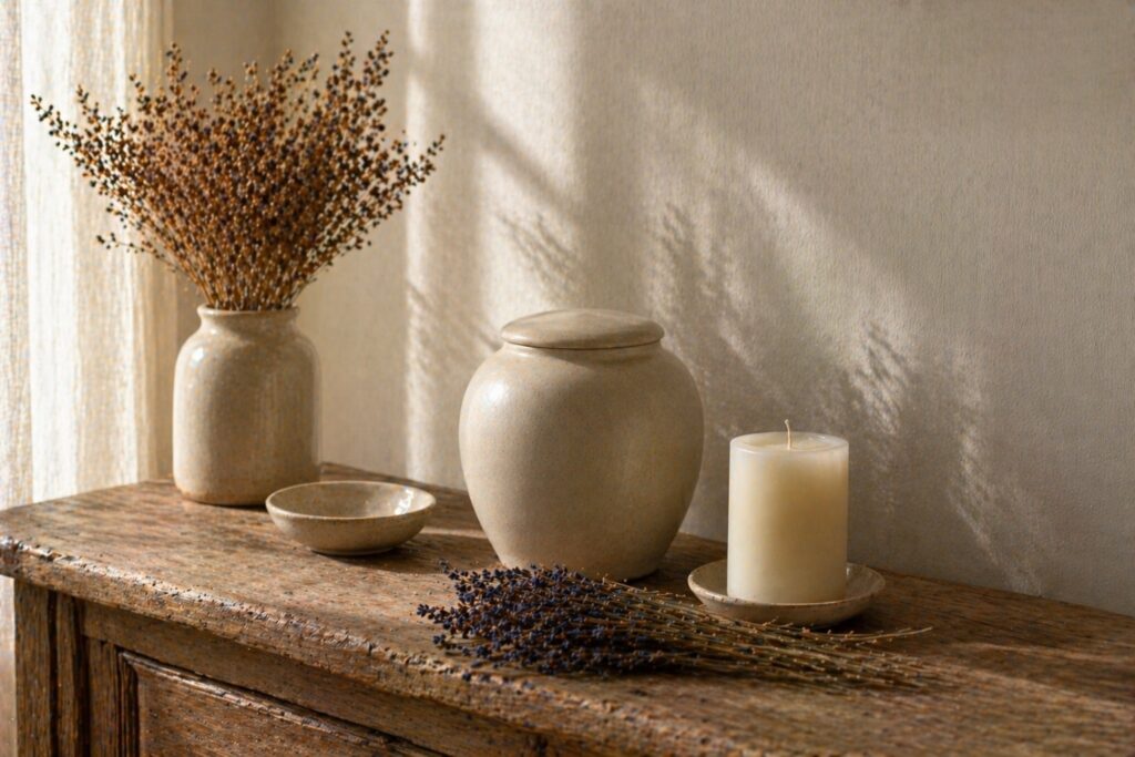 Urne funéraire en céramique claire posée sur une commode en bois, bougie blanche et brins de lavande séchée, lumière douce