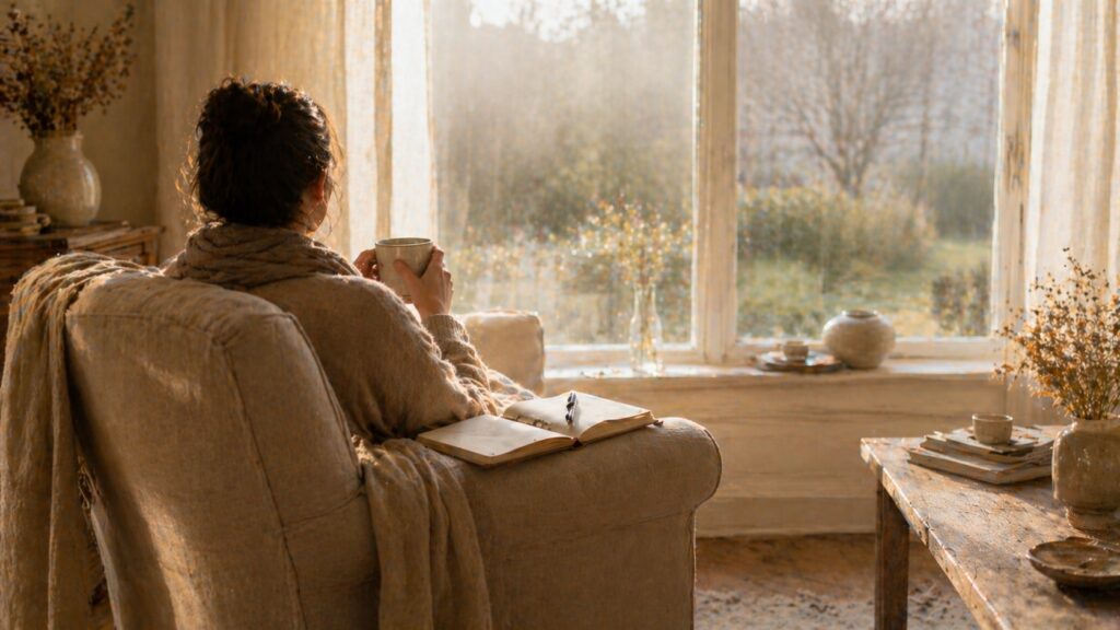 Personne de dos enveloppée dans un plaid en laine beige, tenant une tasse en céramique, livre ouvert sur l'accoudoir, lumière naturelle d'une baie vitrée donnant sur un jardin