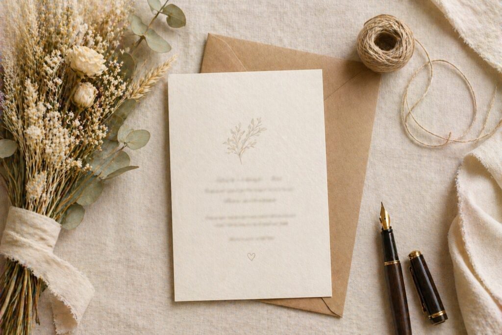 Faire-part de décès animal manuscrit avec illustration florale discrète, posé sur du lin écru à côté d'un bouquet de fleurs séchées, d'une enveloppe kraft, d'un stylo plume et d'une pelote de ficelle