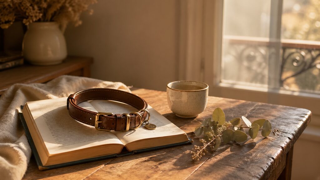 Collier en cuir d'un animal de compagnie posé sur un livre ouvert, lumière dorée du soir, ambiance de recueillement