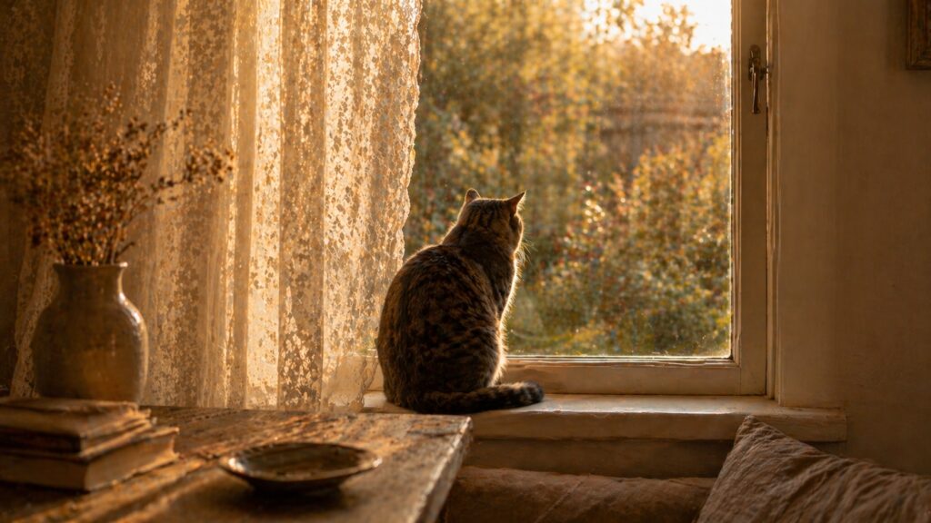 Chat tigré assis de dos sur un rebord de fenêtre derrière des rideaux en dentelle, regardant un jardin d'automne baigné de lumière dorée