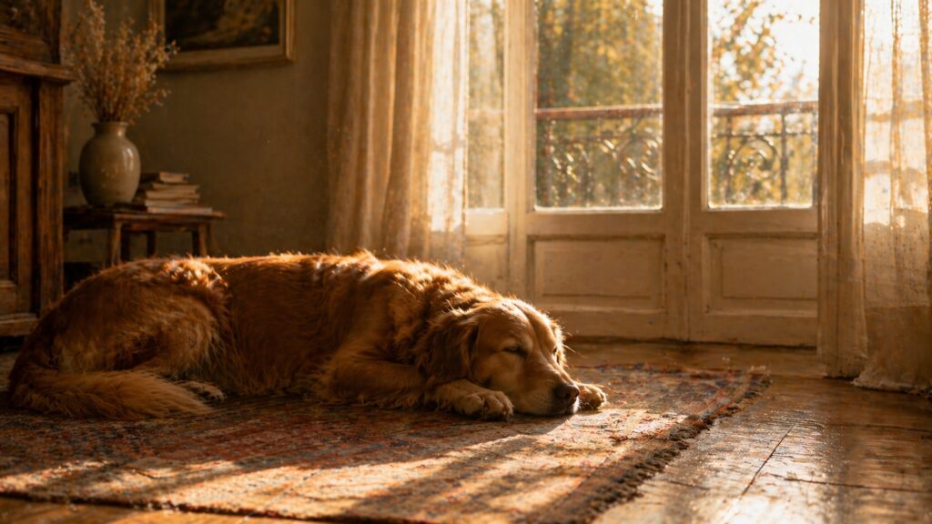 Golden retriever âgé endormi sur un tapis tissé devant une fenêtre française, lumière dorée du matin filtrant à travers les rideaux